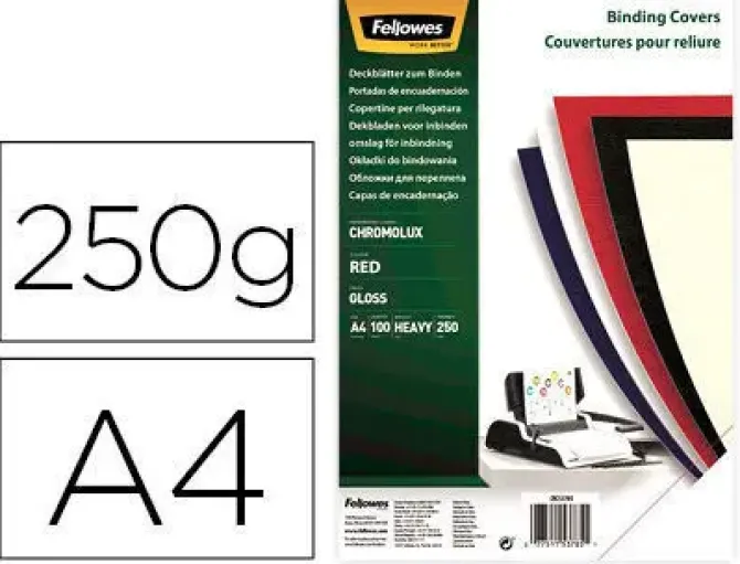 TAPA DE ENCUADERNACION FELLOWES DIN A4 CARTON BRILLO ROJO CHROMOLUX 250 GR PACK DE 100 UNIDADES