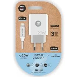 TECHONETECH CARGADOR DE PARED PD 20W + CABLE USB-C A LIGHTNING