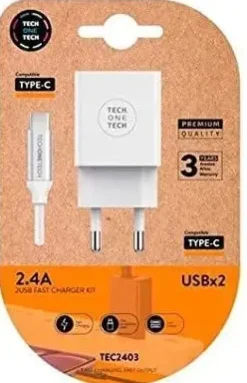 TECHONETECH CARGADOR DOBLE DE PARED + CABLE USB-A A USB-C 1M - RECUBIERTO DE NYLON TRENZADO