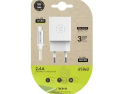 TECHONETECH CARGADOR DOBLE DE PARED + CABLE USB-A A MICRO-USB 2.4 1M - RECUBIERTO DE NYLON TRENZADO