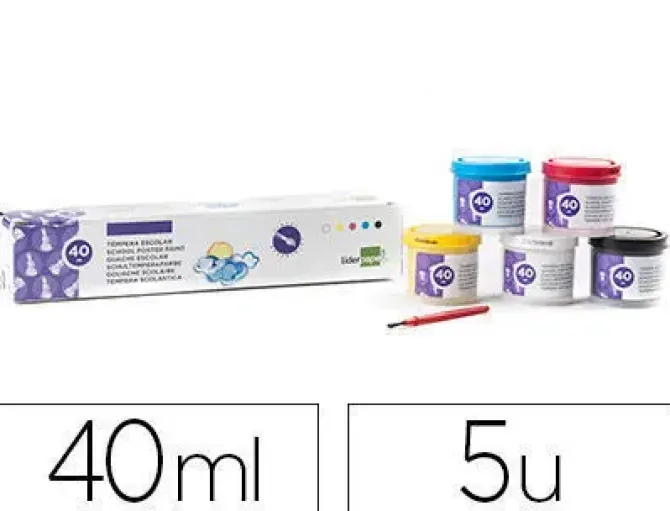 TEMPERA LIDERPAPEL ESCOLAR 40 ML 5 COLORES SURTIDOS + PINCEL