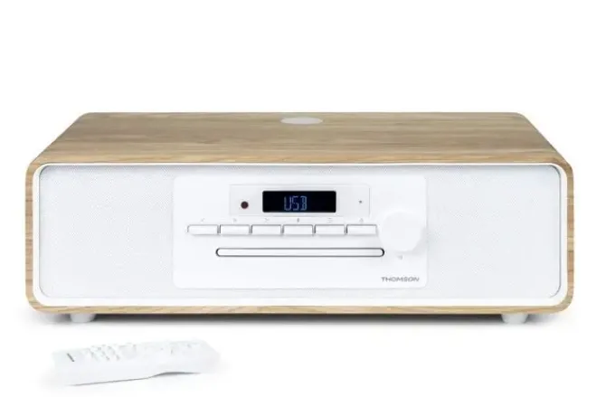 THOMSON MIC300IBT MICRO CADENA 60W BLUETOOTH 5.0 - REPRODUCTOR DE CD, RADIO FM, REPRODUCTOR USB (MP3) - FUNCION DE CARGA INALMBRICA - MANDO A DISTANCIA - COLOR MADERA/BLANCO