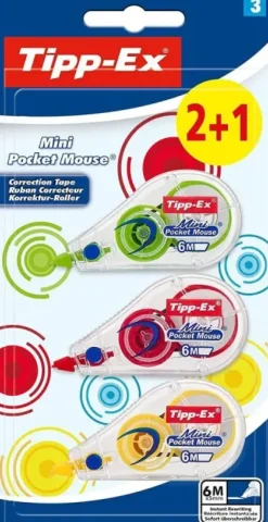 TIPP-EX MINI POCKET MOUSE FASHION 2+1 PACK DE 3 CINTAS CORRECTORAS 5MM X 6M - RESISTENTE - ESCRITURA INSTANTANEA