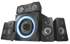 TRUST GAMING GXT 658 TYTAN SET DE ALTAVOCES 5.1 180W - SUBWOOFER DE MADERA - ILUMINACION LED AZUL - BAJOS PROFUNDOS - MANDO A DISTANCIA - COLOR NEGRO