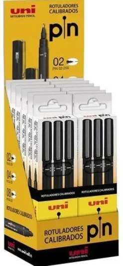 UNI-BALL ROTULADOR CALIBRADO UNI PIN EXPOSITOR DE 12 ESTUCHES DE 3 UD. - PUNTA POLIACETAL DE 0.2, 0.4 Y 0.8 MM. - TINTA RESISTENTE AL AGUA Y A LA LUZ - COLOR NEGRO