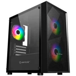 UNYKACH MIR B200 CAJA GAMING MICRO ATX, MINI ITX - LATERAL DE VIDRIO TEMPLADO - 3.5, 2.5 - USB-A 2.0, 3.0 Y AUDIO - 3 VENTILADORES 120MM ARGB INSTALADOS - SOPORTA REFRIGERACION LIQUIDA