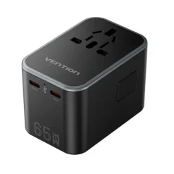 VENTION ADAPTADOR DE VIAJE UNIVERSAL GAN 65W - 3 PUERTOS USB (C+C+A 65W/65W/30W) - COLOR NEGRO