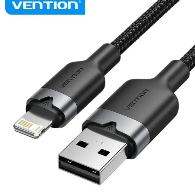 VENTION CABLE DE CARGA USB-A/LIGHTNING - ALUMINIO Y ALGODON TRENZADO - 480MBPS - 2.4A - 2M - COLOR NEGRO