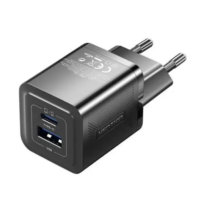 VENTION CARGADOR DE PARED GAN 2 PUERTOS USB (C+A) (30W/30W) - CARGA RAPIDA EU - COLOR NEGRO