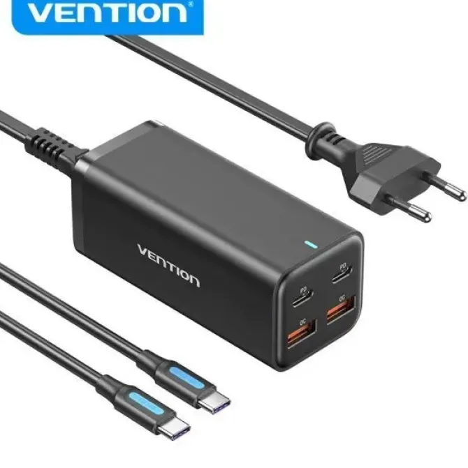 VENTION CARGADOR GAN PORTABLE 4 PUERTOS SOBREMESA PD100W KIT CABLE - EU - COLOR NEGRO