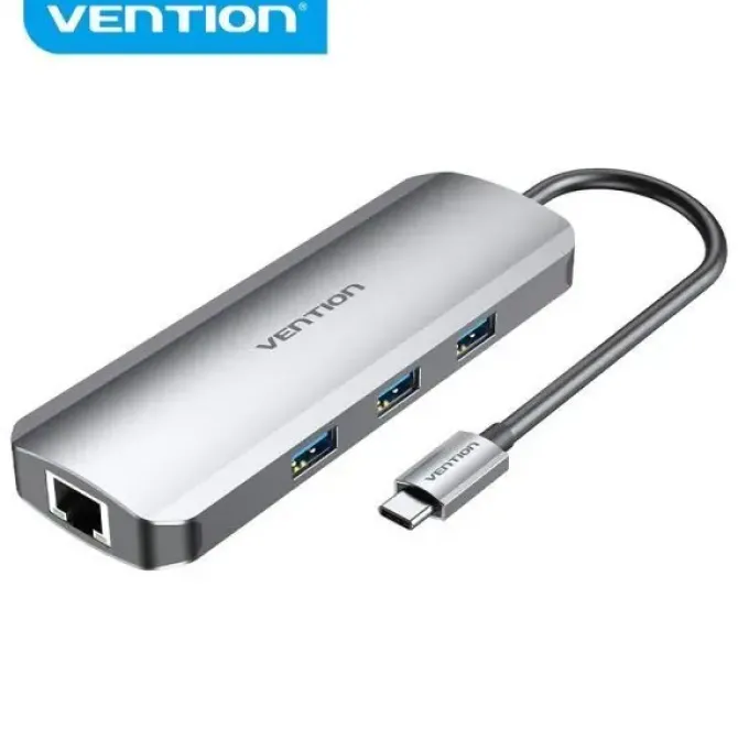 VENTION DOCKING STATION 9 EN 1 USB-C A HDMI 4K/3XUSB3.0/RJ45/LECTOR SD/MICROSD/JACK AUDIO/PD100W - 0.15M - COLOR GRIS