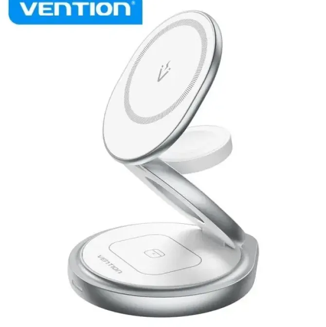 VENTION SOPORTE DE CARGADOR INALAMBRICO 3 EN 1 CON MAGSAFE - CARGA RAPIDA - ROTACION 360° - PROTECCION DE OCHO CAPAS - COLOR BLANCO