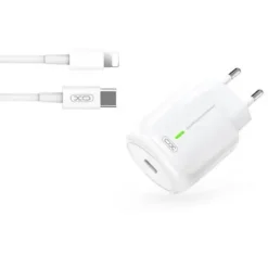 XO CARGADOR DE CARGA RAPIDA 20W - PUERTO TIPO C - CARGA + DEL 50% EN 30 MINUTOS - PROTECCION DE SOBRETENSIONES - INCLUYE CABLE DE CARGA LIGHTNING - COLOR BLANCO